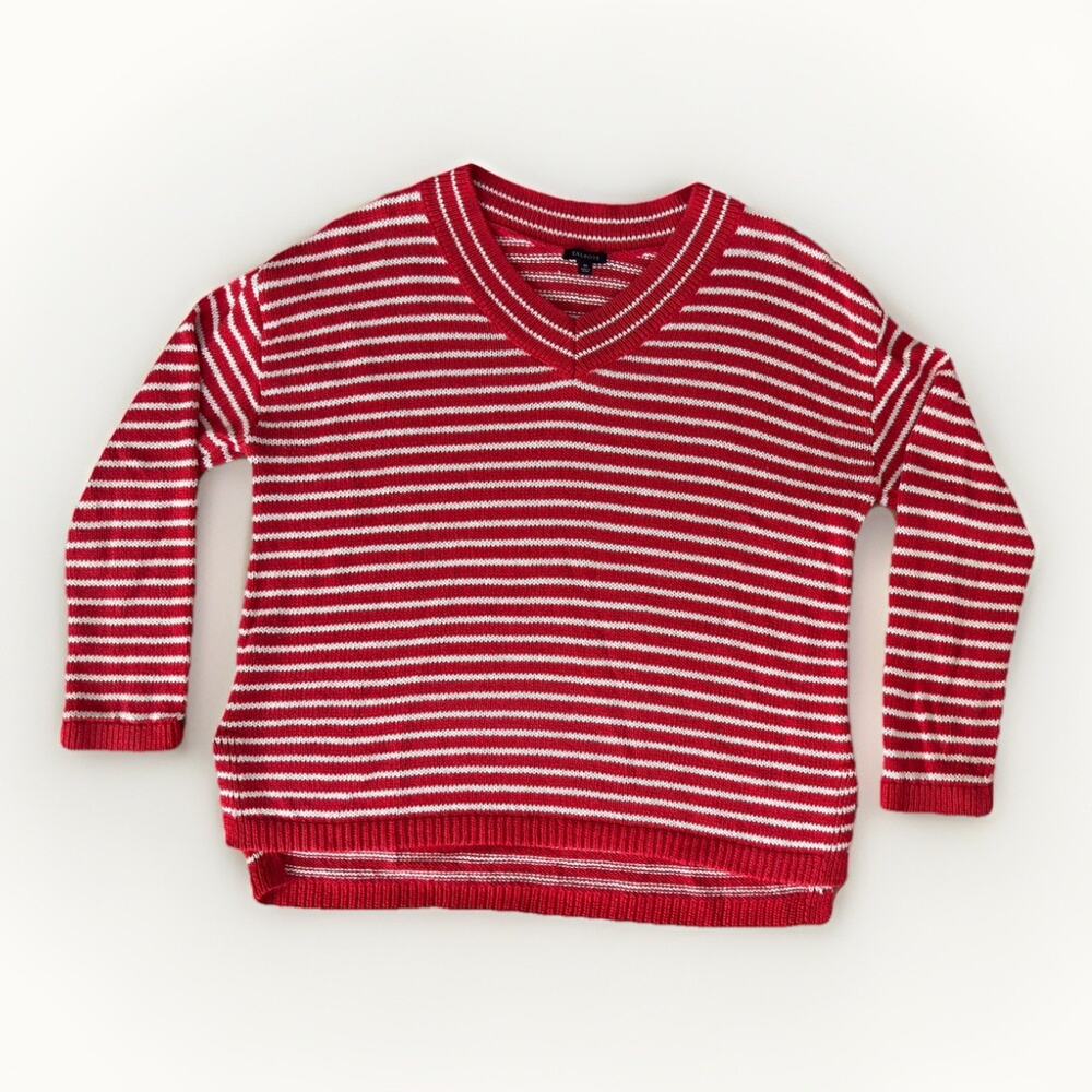 Talbots Red White Striped Sweater Medium Linen Cotton Knit V-Neck Pullover M